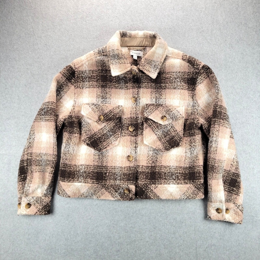 Evereve Polly Jacket Women L Brown Plaid Cropped Button Shacket 74J173HO